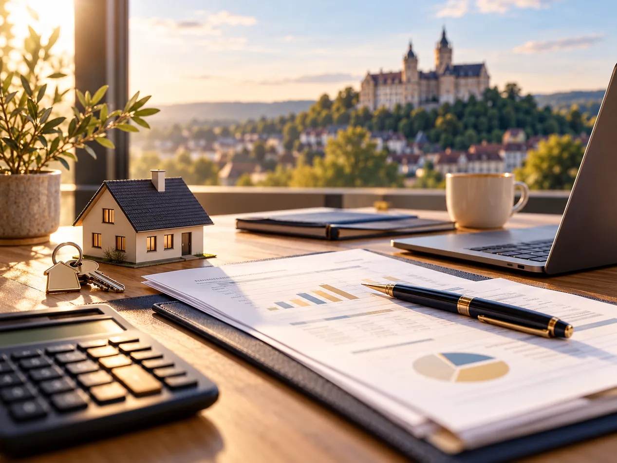 Hausmodell, Finanzierungsunterlagen und Taschenrechner auf einem Schreibtisch