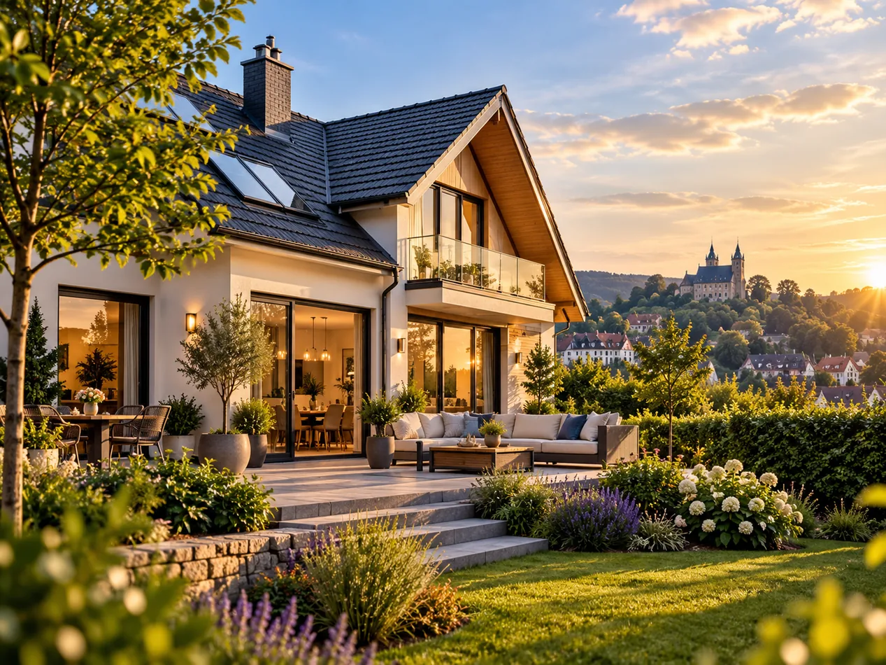 Modernes Einfamilienhaus mit Garten als Beispiel für einen Immobilienkauf