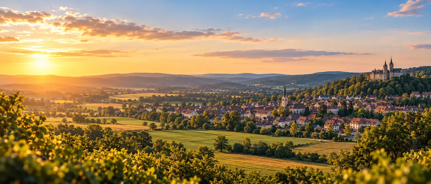 Weite hügelige Landschaft mit Häusern im warmen Abendlicht, illustrative Darstellung