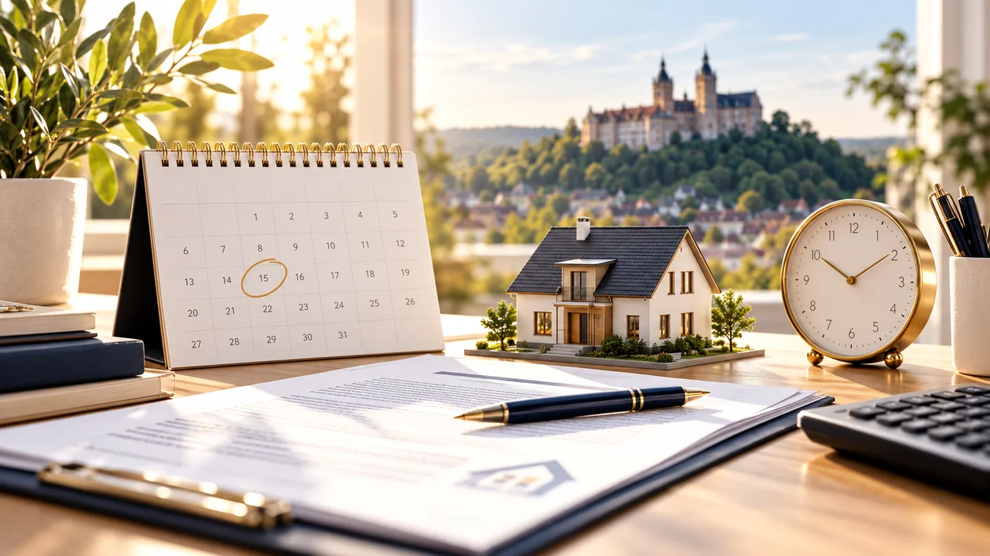 Kalender und Uhr neben Hausmodell als Symbol für die Zinsbindung